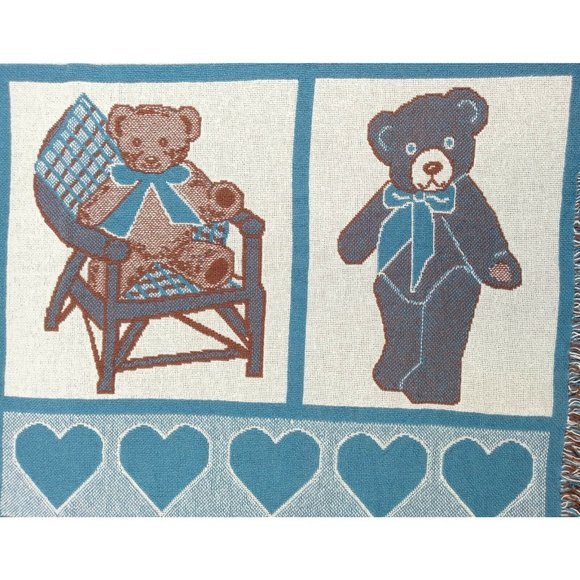 Tapestry Throw Blanket Vintage Teddy Bears Hearts MWW 1992 48" x 71" Fringe Blue - Picture 2 of 11